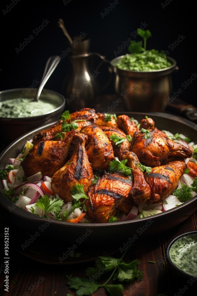 Tandoori Chicken with Mint Yogurt Sauce. Best For Banner, Flyer, and Poster Tandoori Chicken with Mint Yogurt Sauce. Best For Banner, Flyer, and Poster