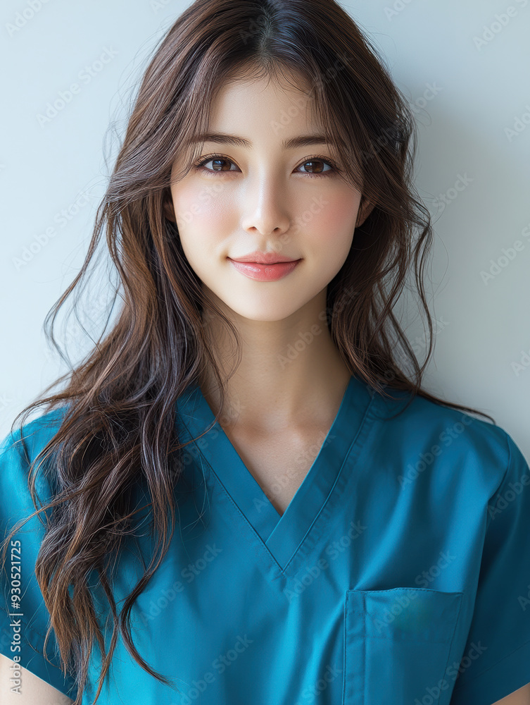 A young Asian nurse radiates positivity in teal scrubs, smiling with her hand in her pocket while looking at the camera against a white background. A young Asian nurse radiates positivity in teal scrubs, smiling with her hand in her pocket while looking at the camera against a white background.