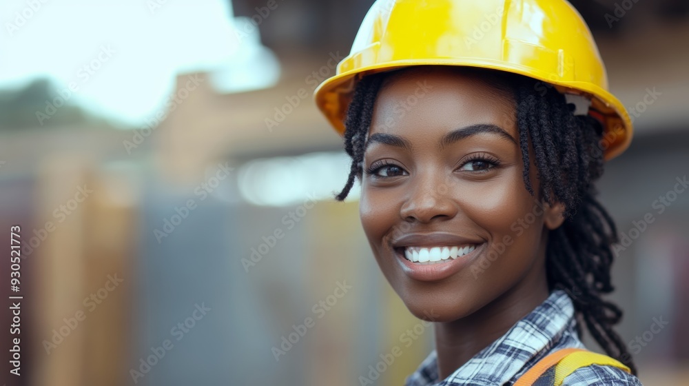 close up face black woman. portrait female african american engineer worker wearing yellow hard hat helmet working on construction site. close up face black woman. portrait female african american engineer worker wearing yellow hard hat helmet working on construction site.