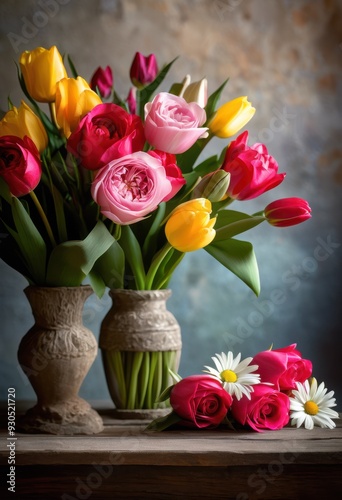 colorful floral arrangements displayed textured backgrounds creating striking visual contrast, bouquet, bloom, botanical, bright, charm, composition, creative