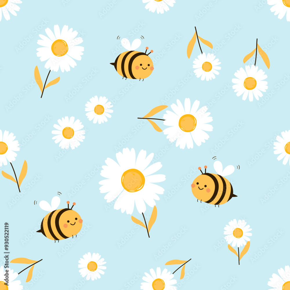 Seamless pattern with bee cartoons and daisy flower on blue background vector. Seamless pattern with bee cartoons and daisy flower on blue background vector.