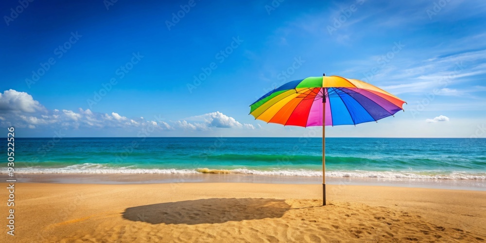 Seaside beach concept featuring a colorful umbrella providing shade on a sunny summer day