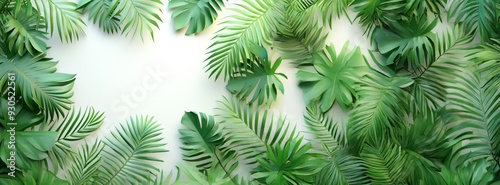 Tropical Green Palm Leaves Frame on Light Background with Copy Space