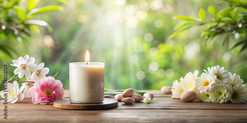 Tranquil home setting with a zen candle surrounded by flowers for relaxation Tranquil home setting with a zen candle surrounded by flowers for relaxation