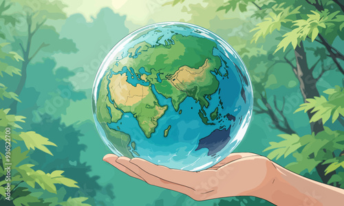 Hands holding a globe of Earth over a lush green landscape, promoting Earth Day and environmental awareness