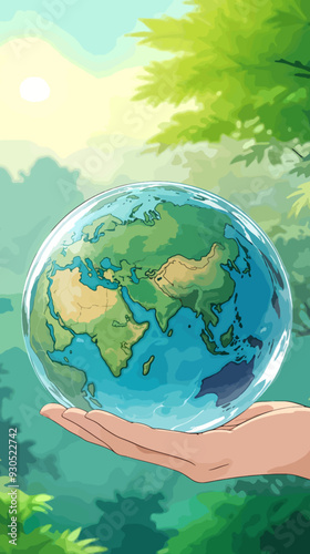 Hands holding a globe of Earth over a lush green landscape, promoting Earth Day and environmental awareness