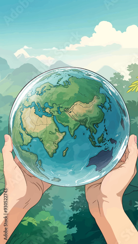 Hands holding a globe of Earth over a lush green landscape, promoting Earth Day and environmental awareness