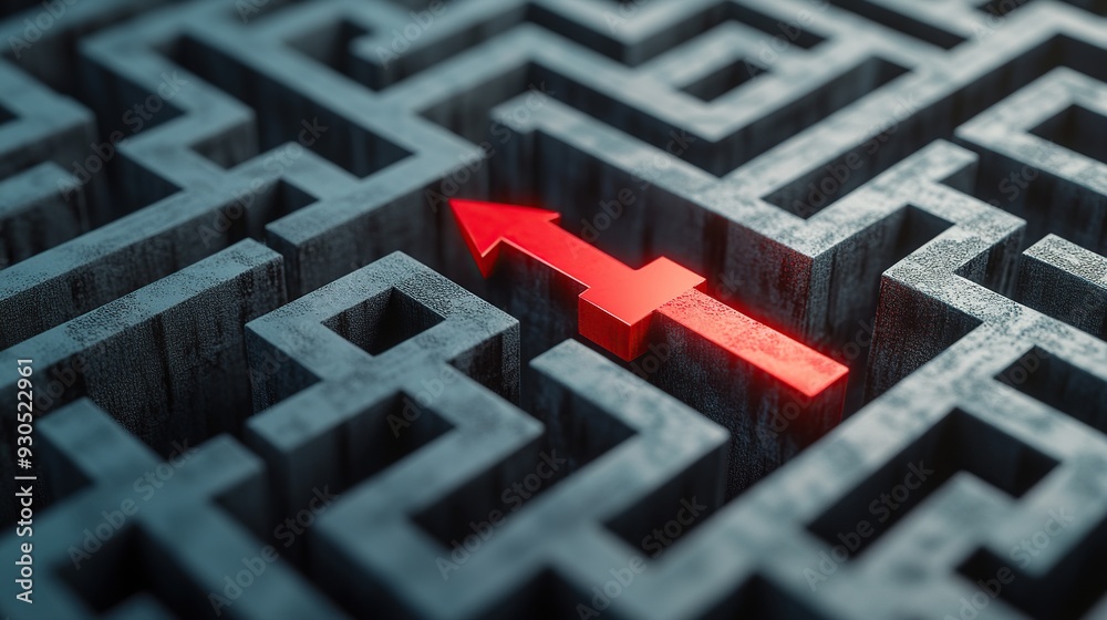 Red arrow pointing the way out of a complex gray maze. Red arrow pointing the way out of a complex gray maze.