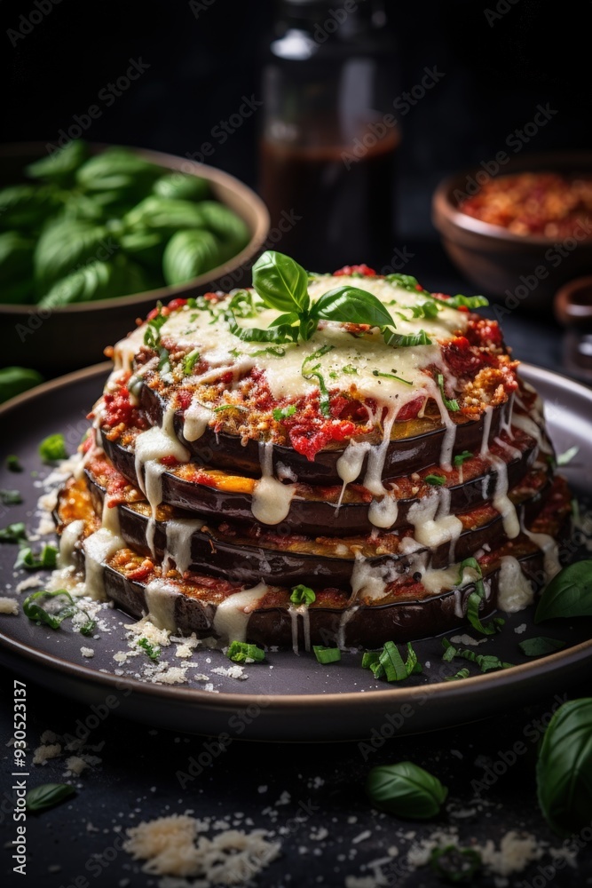 Eggplant Parmesan with Fresh Basil. Best For Banner, Flyer, and Poster Eggplant Parmesan with Fresh Basil. Best For Banner, Flyer, and Poster
