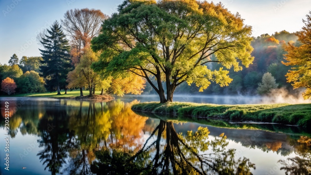 Sprawling Tree Covered in Autumn Leaves on Small Island Amid Foggy Water Sprawling Tree Covered in Autumn Leaves on Small Island Amid Foggy Water