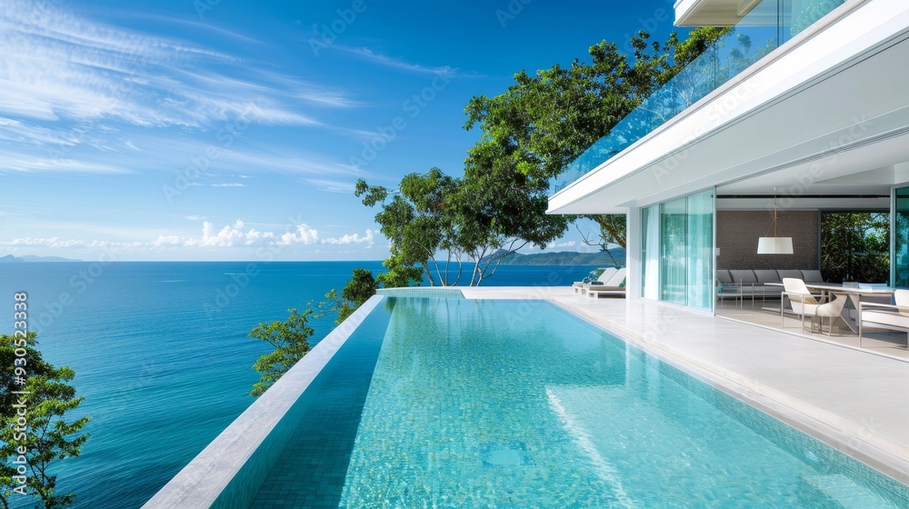 Fototapeta premium A large pool with a white umbrella and a view of the ocean