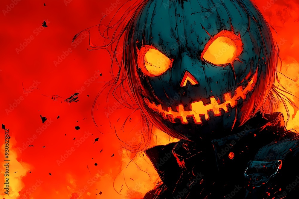 A spooky cartoon figure with a glowing pumpkin head stands against an eerie red background during Halloween festivities in a darkened environment A spooky cartoon figure with a glowing pumpkin head stands against an eerie red background during Halloween festivities in a darkened environment