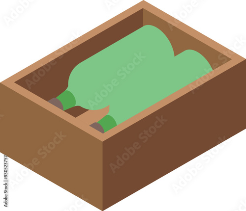 Wooden wine box containing two bottles lying down, isometric view