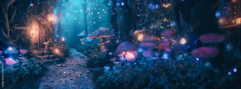 Fototapeta premium Mystical Forest Path with Glowing Mushrooms and Lanterns at Night
