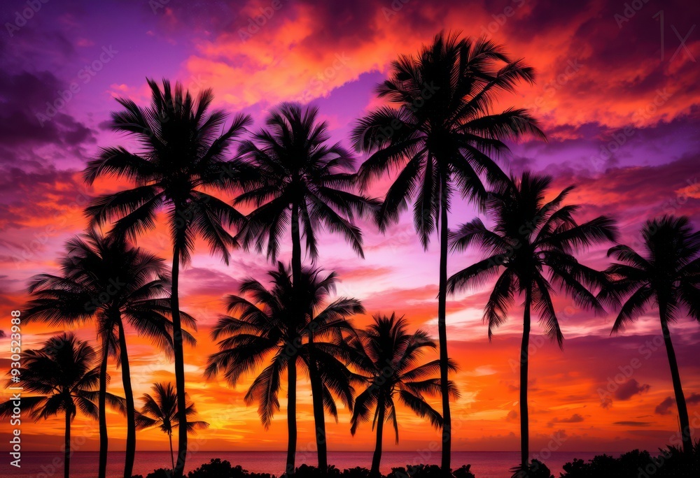vibrant palm tree silhouettes framed stunning sunset backdrop rich orange purple hues, sky, tropical, evening, nature, scenery, horizon, light, color, beauty vibrant palm tree silhouettes framed stunning sunset backdrop rich orange purple hues, sky, tropical, evening, nature, scenery, horizon, light, color, beauty