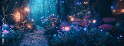 Mystical Forest Path with Glowing Mushrooms and Lanterns at Night