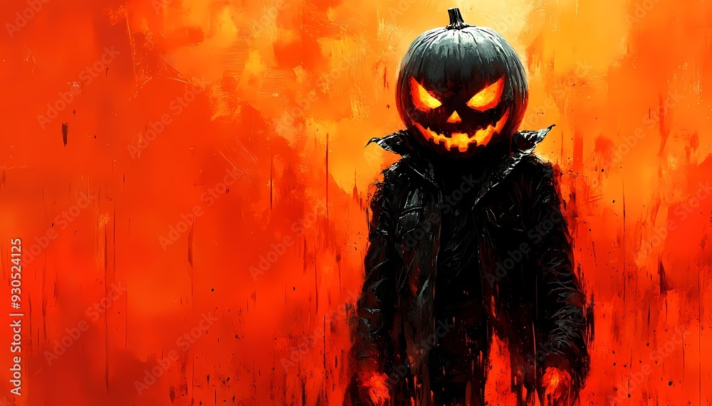 Eerie Halloween figure with a glowing pumpkin head in a spooky, fiery backdrop Eerie Halloween figure with a glowing pumpkin head in a spooky, fiery backdrop
