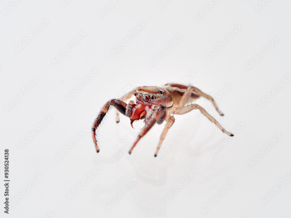 Jumping spider with large fangs in a white background. Genus Icius. Jumping spider with large fangs in a white background. Genus Icius.