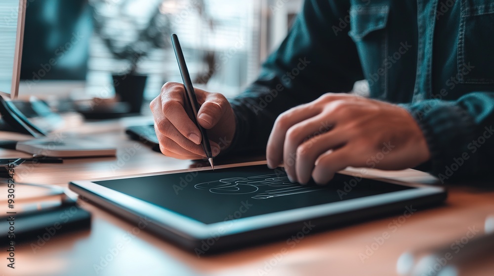 A designer working on a branding project, using a graphic tablet and software to create a logo