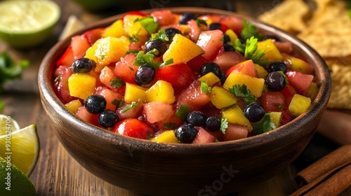 A bowl of fresh mango salsa with blueberries, tomatoes, and cilantro.