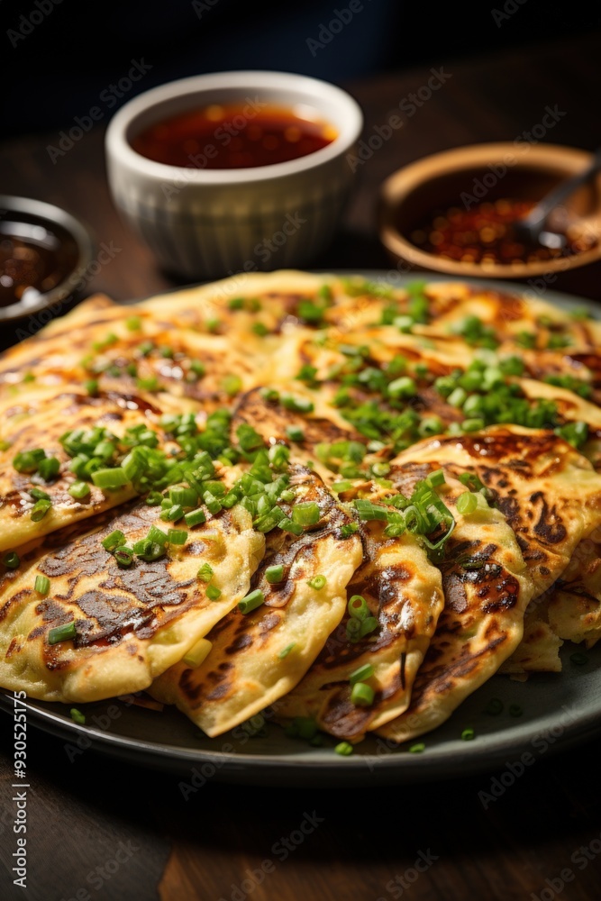 Scallion Pancakes with Dipping Sauce. Best For Banner, Flyer, and Poster Scallion Pancakes with Dipping Sauce. Best For Banner, Flyer, and Poster