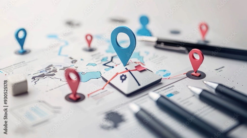 Global Business Strategy with Map Markers and Pens