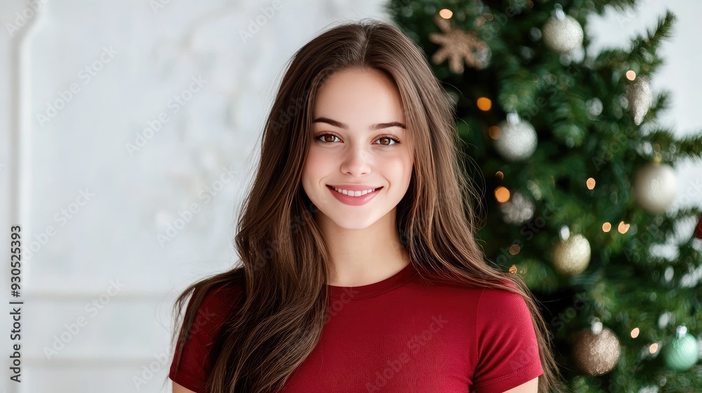 A cheerful woman with brown hair smiles warmly in a cozy setting decorated for Christmas, with a festive tree and wrapped gifts in the background A cheerful woman with brown hair smiles warmly in a cozy setting decorated for Christmas, with a festive tree and wrapped gifts in the background