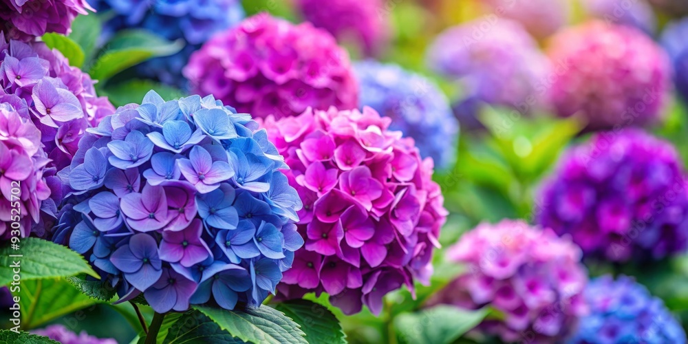 Close up shot of vibrant hydrangeas in a summer garden showcasing purple, blue, and pink blooms