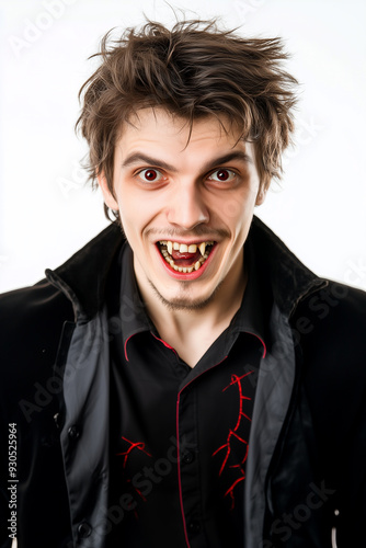 A man wears a vampire costume on Halloween and makes a fierce face