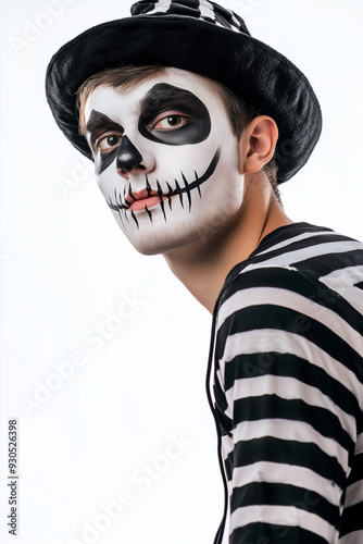 Man wearing a ghost costume on Halloween and a white background