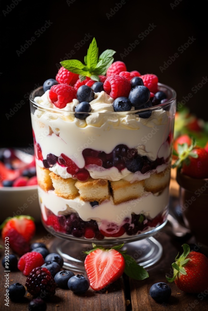 berry trifle with layers of sponge cake, whipped cream, and a medley of fresh berries; dessert photography; best for banners, flyer, and poster berry trifle with layers of sponge cake, whipped cream, and a medley of fresh berries; dessert photography; best for banners, flyer, and poster