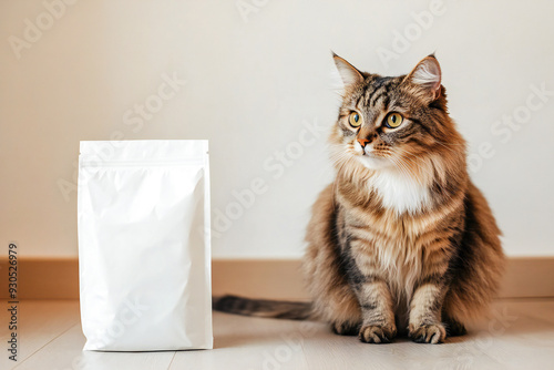 Cat sitting next to a clean white bag of pet food package