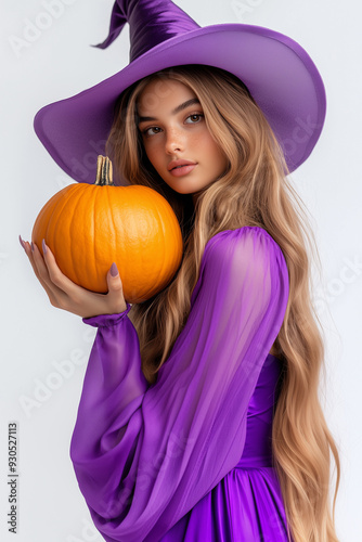Woman wearing a witch costume on Halloween holding a pumpkin