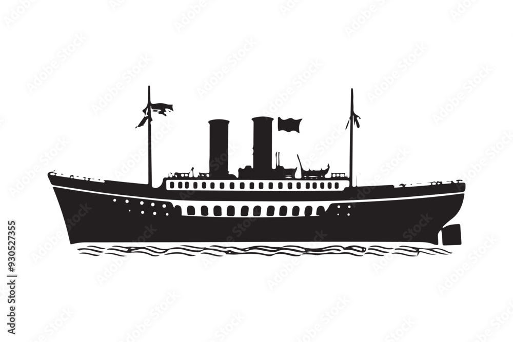 Obraz premium Boat Silhouette, Ship Silhouette, Vector Silhouette, Nautical Vector, Marine Design, Ocean Silhouette, SailingVector, ShipOutline, BoatVectorArt, SilhouetteGraphics, SeaVesselVector,