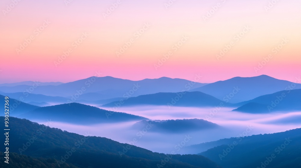 Mountain landscape at sunrise with foggy valleys Mountain landscape at sunrise with foggy valleys