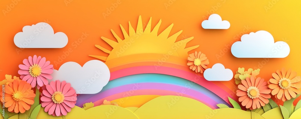 Colorful paper flowers blooming under rainbow on sunny day Colorful paper flowers blooming under rainbow on sunny day