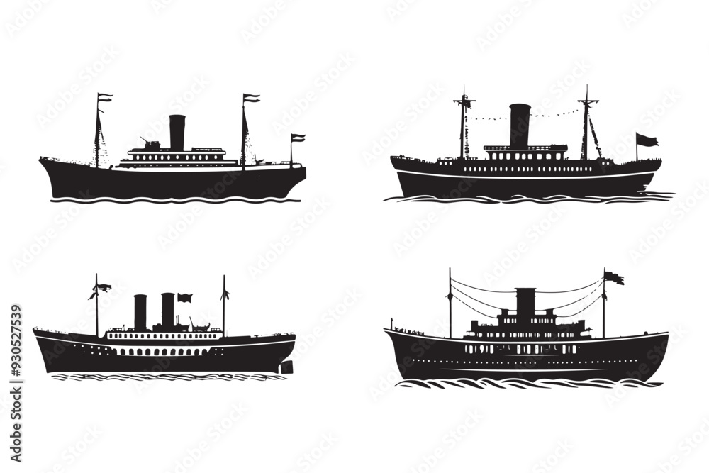 Obraz premium Boat Silhouette, Ship Silhouette, Vector Silhouette, Nautical Vector, Marine Design, Ocean Silhouette, SailingVector, ShipOutline, BoatVectorArt, SilhouetteGraphics, SeaVesselVector,