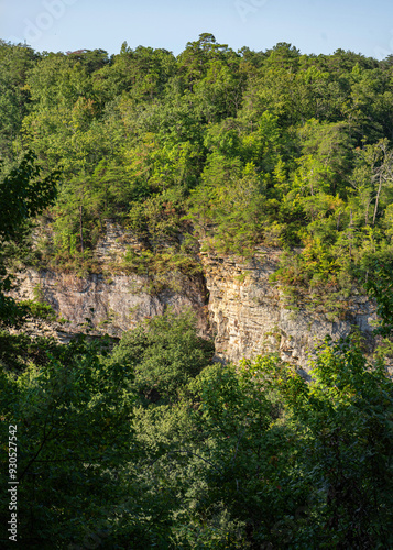 With little to no rain in the summer, Grace's High Falls along the Little River Canyon Rim Parkway appears dry. The crack in the cliff where the seasonal waterfall has eroded the rock is visible.