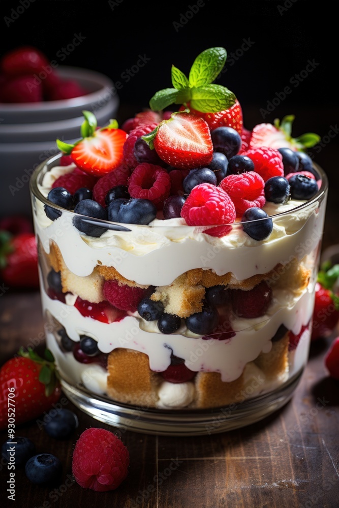 berry trifle with layers of sponge cake, whipped cream, and a medley of fresh berries; dessert photography; best for banners, flyer, and poster berry trifle with layers of sponge cake, whipped cream, and a medley of fresh berries; dessert photography; best for banners, flyer, and poster