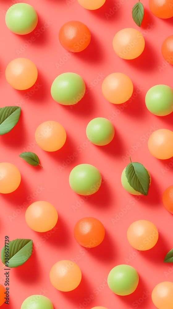 Abstract pattern of green and orange spheres on a pink background with leaves. Abstract pattern of green and orange spheres on a pink background with leaves.