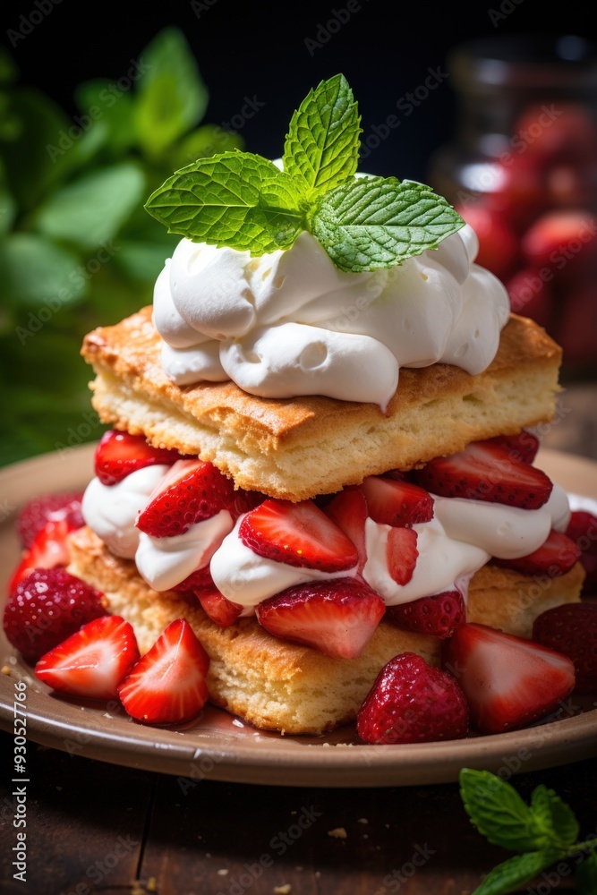 classic strawberry shortcake, with layers of sponge cake, fresh strawberries, and billows of whipped cream, dessert photography, best for banner, flyer, and poster classic strawberry shortcake, with layers of sponge cake, fresh strawberries, and billows of whipped cream, dessert photography, best for banner, flyer, and poster