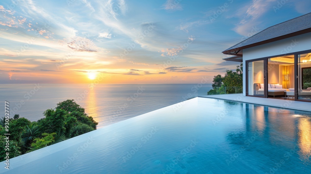 Fototapeta premium A beautiful ocean view with a large pool and a house in the background