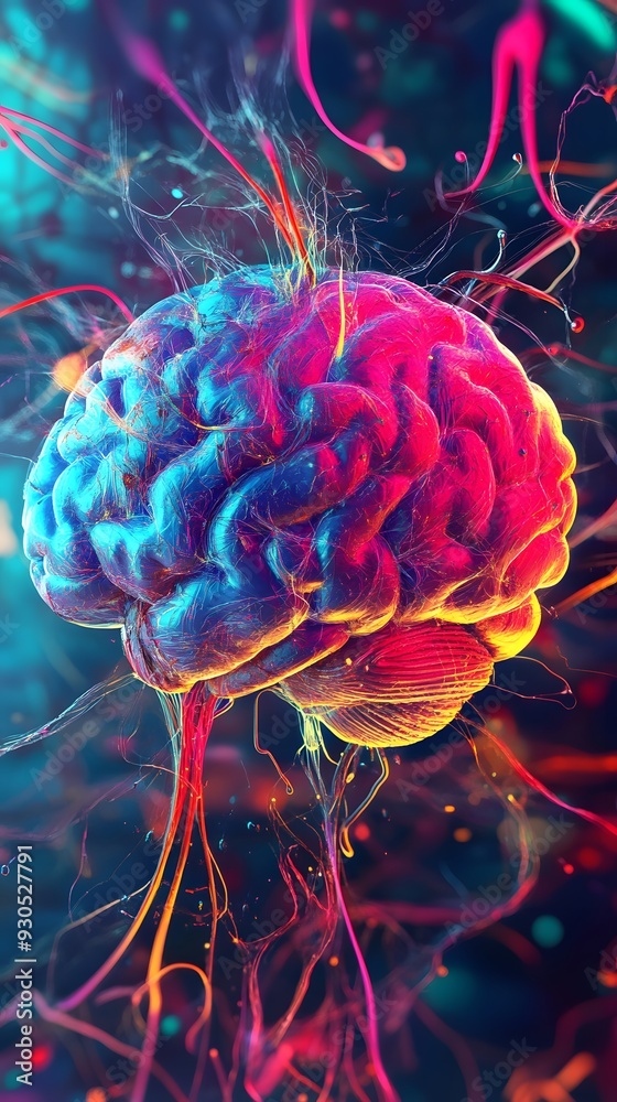 Abstract digital illustration of a colorful human brain with glowing energy. Abstract digital illustration of a colorful human brain with glowing energy.