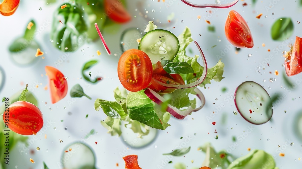 Assorted vibrant salad elements floating in a minimalist space Assorted vibrant salad elements floating in a minimalist space