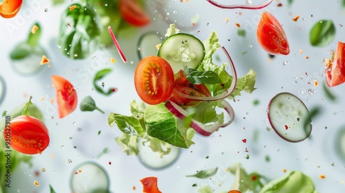 Assorted vibrant salad elements floating in a minimalist space