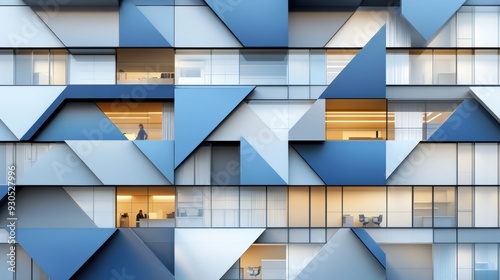 A building with a lot of triangles on it and people in the windows, AI