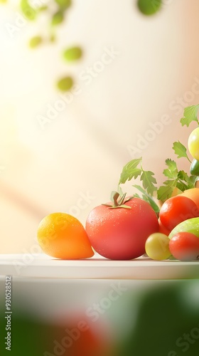 Fresh, ripe tomatoes and leafy greens on a white table with a soft, sunlit background.