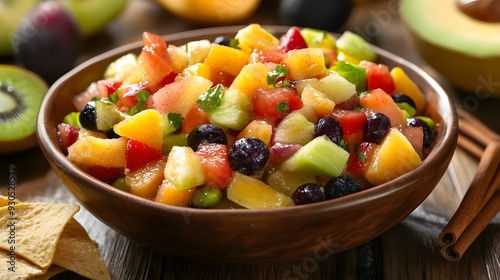 Fresh fruit salsa in a wooden bowl, with ingredients like mango, kiwi, and black beans.