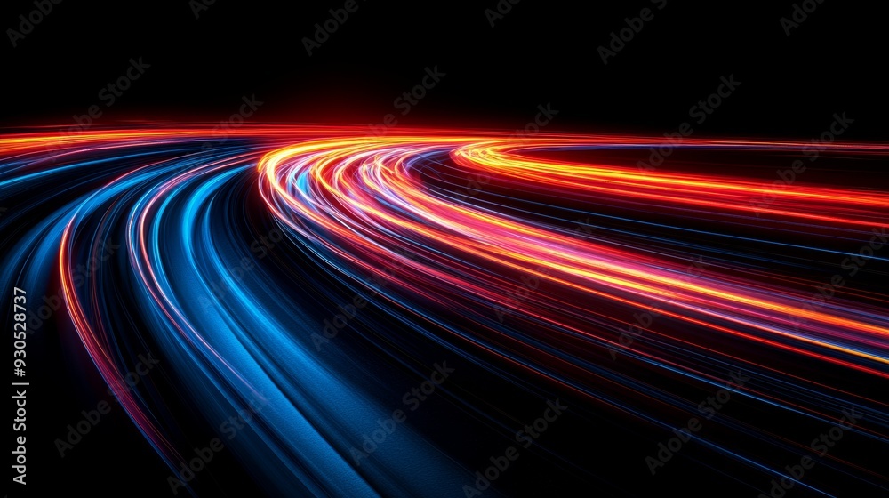 Colorful light trails speeding around a bend on black background