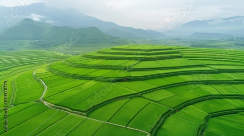 A mountain range is visible in the background of a field of green rice